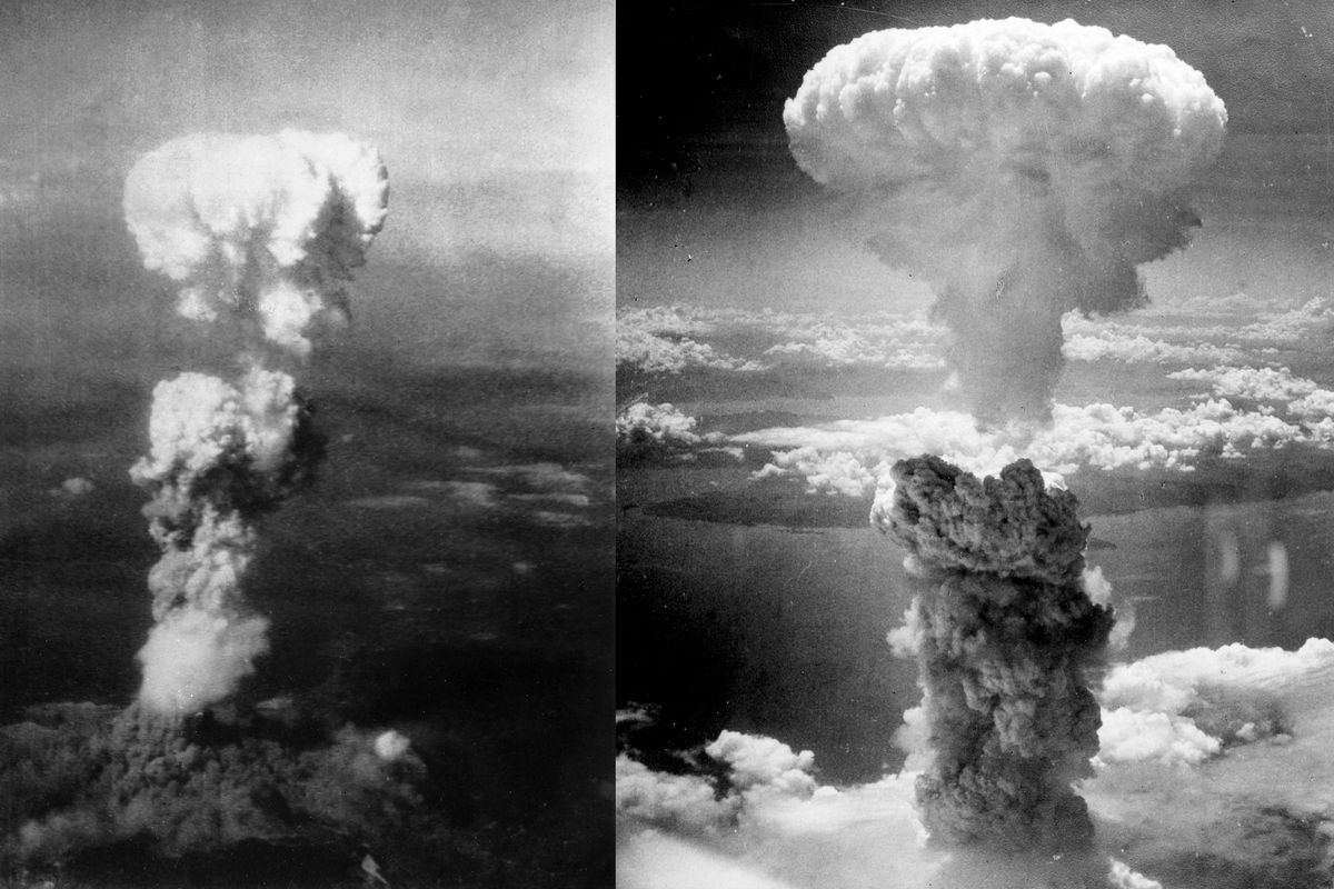 Ledakan bom di Hiroshima (kiri) dan Nagasaki (kanan). Nobel Perdamaian 2024 dimenangi oleh Nihon Hidankyo, organisasi penyintas bom atom Hiroshima-Nagasaki di Jepang. Penghargaan tersebut diumumkan di Institut Nobel Norwegia di Oslo, pada Jumat (11/10/2024) ini. Hadiah Nobel Perdamaian 2024 diberikan kepada Nihon Hidankyo sebagai penghargaan atas upaya organisasi tersebut untuk mencapai dunia yang bebas dari senjata nuklir.