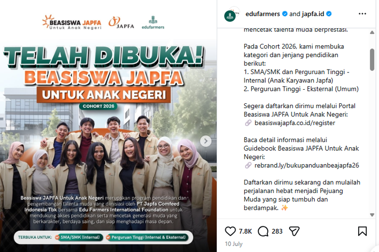 Pendaftaran Beasiswa JAPFA 2026 Buka sampai 16 Agustus, Ada Bantuan UKT