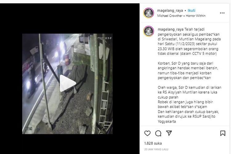 Video kejadian kasus dugaan pengeroyokan di jalan raya desa Sriwedari, Kecamatan Muntilan, Sabtu (11/2/2023) sekitar pukul 23.30 WIB.