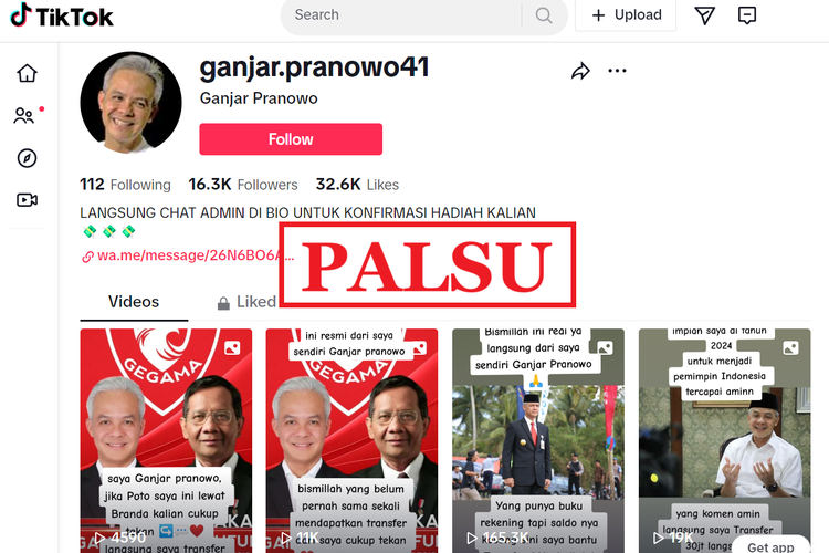 Tangkapan layar akun TikTok tiruan mengatasnamakan Ganjar Pranowo menawarkan uang jutaan rupiah.