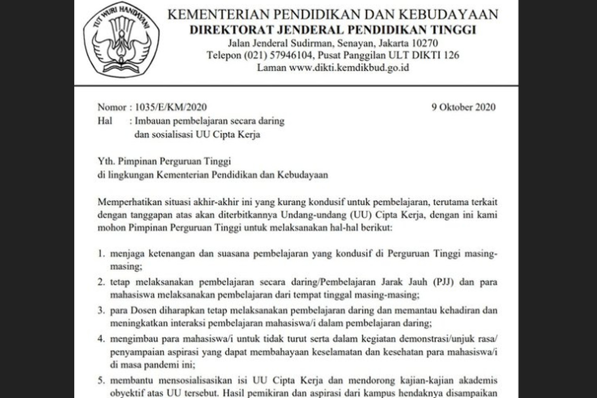 Tangkapan layar surat Kemendikbud mengenai imbauan kepada mahasiswa agar tidak ikut unjuk rasa penolakan UU Cipta Kerja.