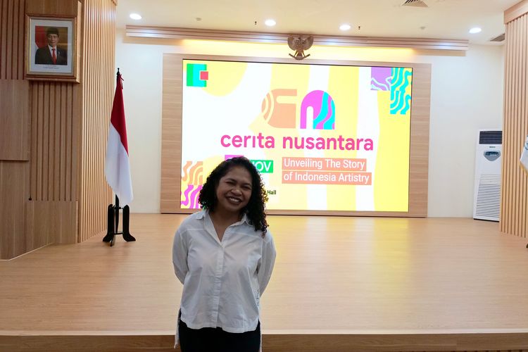 Hanna Keraf, Salah Satu Pendiri Du Anyam saat Konferensi Pers Cerita Nusantara di Auditorium Kementerian Koperasi dan UKM, Jakarta Selatan pada Kamis (23/11/2023).