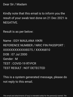 Egy Maulana Vikri dinyatakan negatif usai melakukan tes swab PCR setelah sampai di Singapura pada Selasa (21/12/2021)