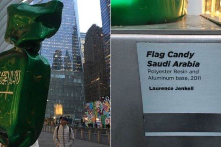 Patung permen dengan bungkus bendera Arab Saudi di World Trade Center, New York, Amerika Serikat. (Twitter/Michael F Longo)