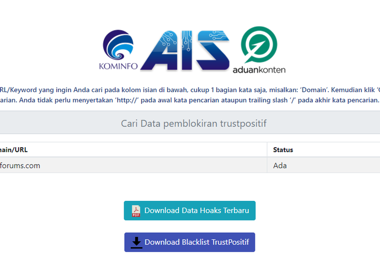 Tangkapan layar situs Trust Positif Kominfo yang telah mencantumkan situs Raid Forums ke laman yang diblokir.