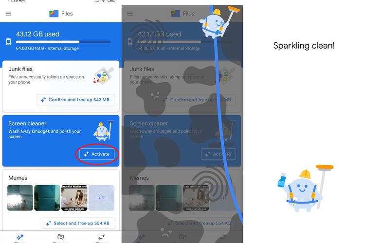 Ilustrasi penggunaan Screen Cleaner di aplikasi Files