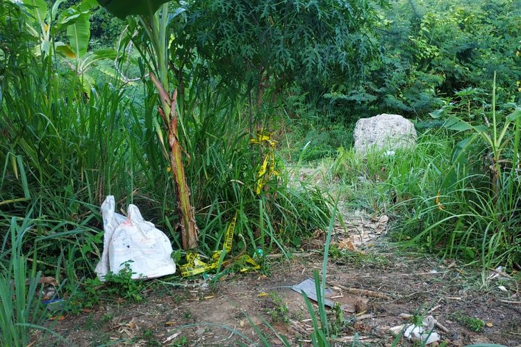 Tempat sesosok mayat pria ditemukan di semak-semak kawasan Patoembak, Harjamukti, Cimanggis, Depok, Jawa Barat pada Kamis (23/9/2021). Kawasan tersebut berupa tanah garapan yang didominasi rumput-rumput liar, di antara tembok batas lahan milik perusahaan. 
