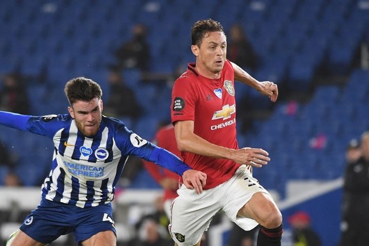 Gelandang Manchester United, Nemanja Matic, beraksi pada laga Liga Inggris kontra Brighton pada Rabu (1/7/2020) dini hari WIB.