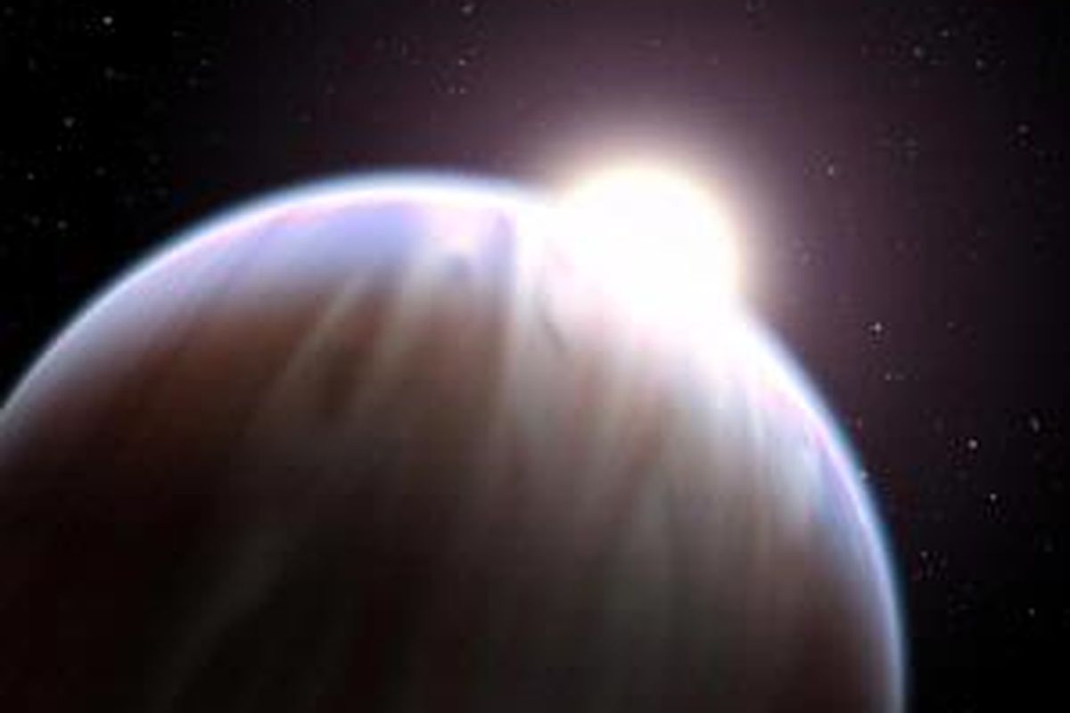 Ilustrasi HD 189733b, planet sebesar Jupiter yang berada pada jarak 63 tahun cahaya dari Bumi. Atmosfernya mengandung uap air dan metan.