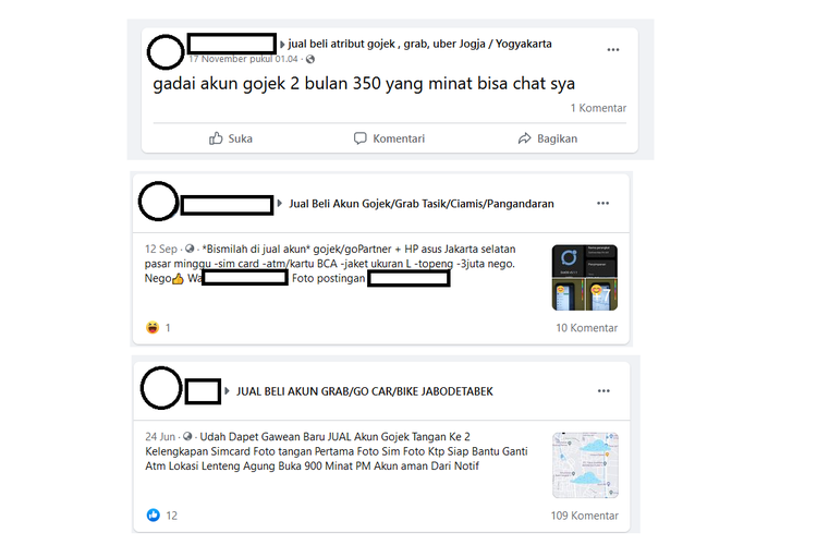 Tangkapan layar jual-beli akun ojek online yang mudah ditemukan di Facebook.