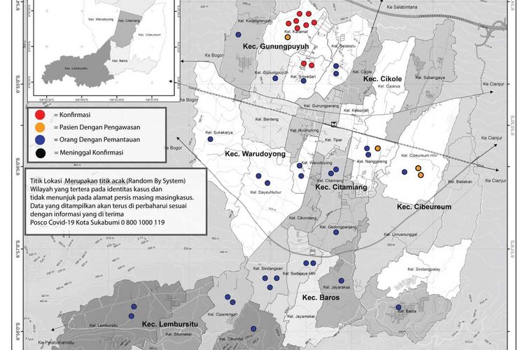 Peta sebaran terkait pandemi Covid-19 di Kota Sukabumi, Jawa Barat, Rabu (15/4/2020).
