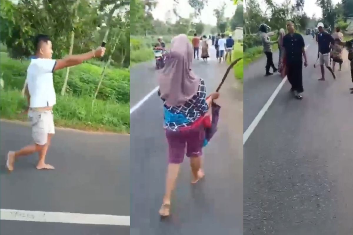 Warga Kecamatan Pegantenan terlibat keributan dengan membawa celurit dipicu salah paham masalah kecelakaan lalu lintas yang terjadi pada Selasa (19/3/2024). 
