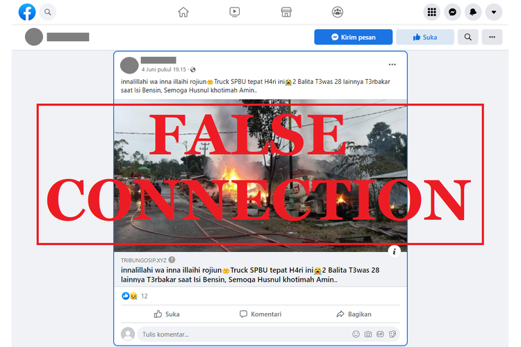 Tangkapan layar konten false connection di sebuah akun Facebook, mengenai truk pengangkut BBM meledak yang mengakibatkan dua balita tewas dan 28 orang terbakar.