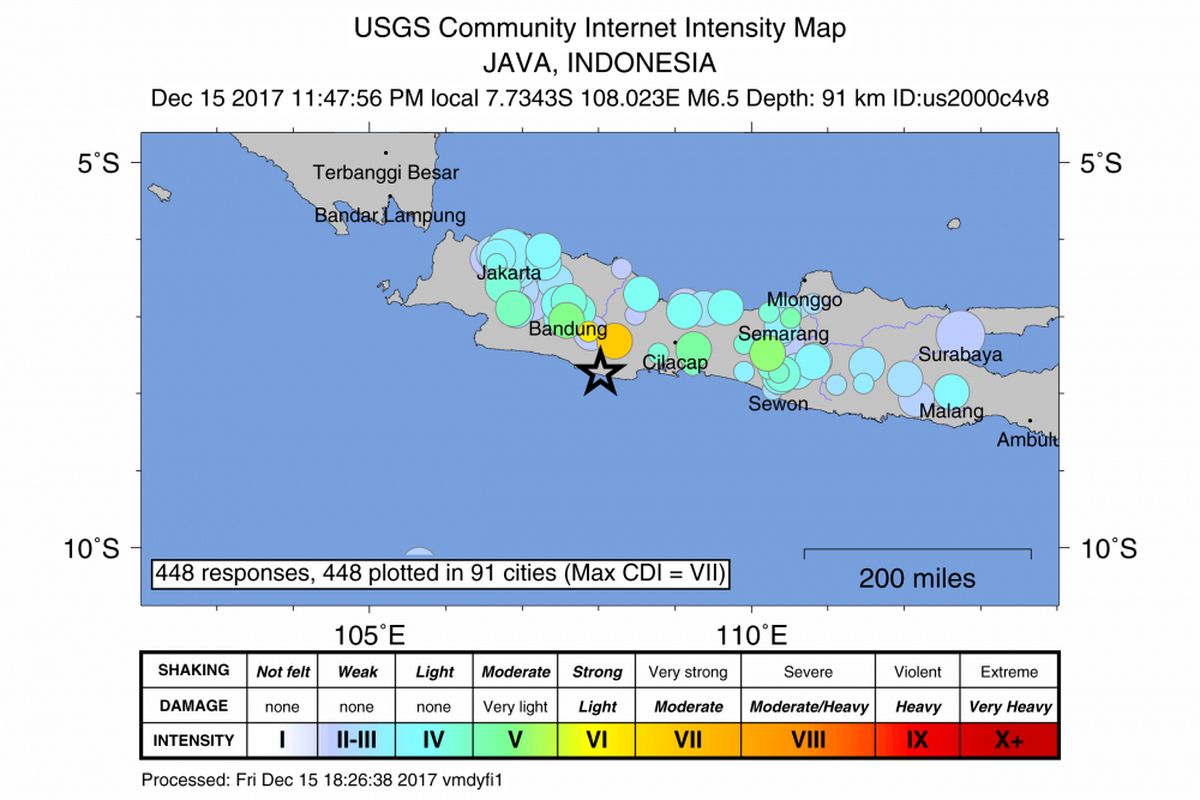 Peta gempa Tasikmalaya dan pengaruhnya di wilayah sekitar, Jumat (15/12/017) tengah malam.