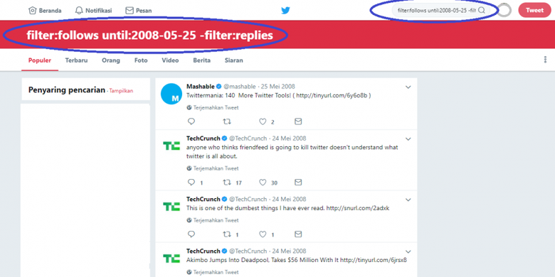 Tampilan linimasa Twitter lawas. Waktu bisa disesuaikan dengan mengubah parameter tanggal pada kolom pencarian yang dilingakri warna biru.