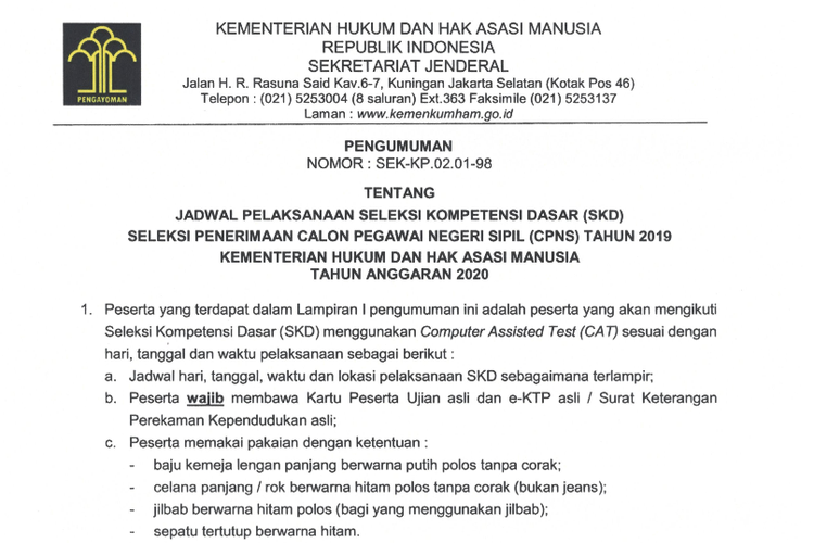 Jadwal dan lokasi Seleksi Kompetensi Dasar (SKD) Calon Pegawai Negeri Sipil (CPNS) 2019 di Kementerian Hukum dan Hak Asasi Manusia (Kemenkumham).