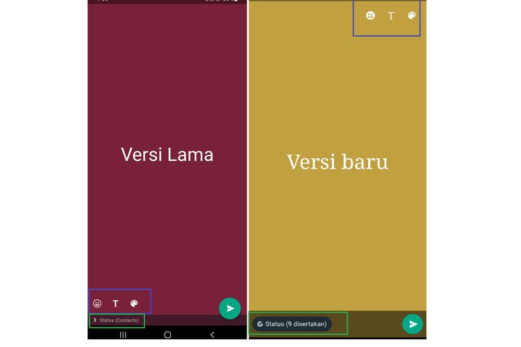 Perbedaan tata letak antara tampilan WhatsApp Status lama (kiri) dan baru (kanan). 