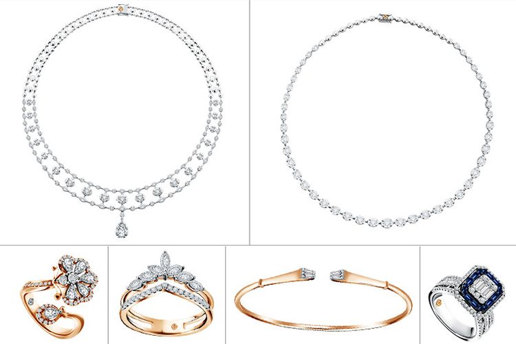 Koleksi perhiasan Mondial (kiri ke kanan) seri Jubile, Hilarity, The Gala, Lady Arc, Art Deco, dan Blue Sapphire.