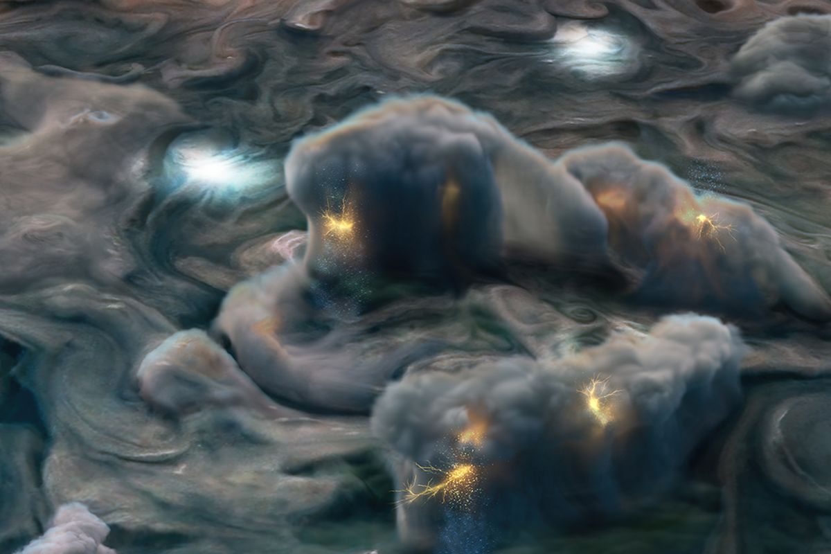 Ilustrasi petir di langit Planet Jupiter. Fenomena petir tak hanya terjadi di Bumi. Gambar ini adalah ilustrasi fenomena petir yang diambil dari data kamera wahana luar angkasa NASA Juno.