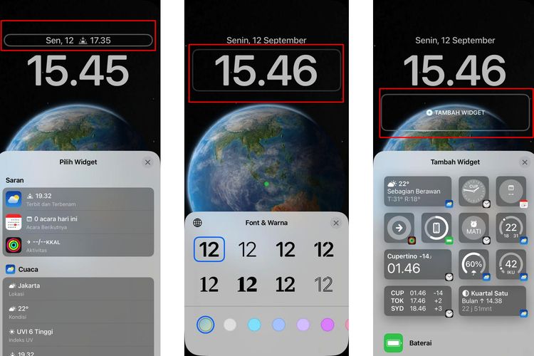Ilustrasi cara mengatur tampilan penunjuk waktu dan menambahkan widget untuk membuat lock screen keren di iPhone.
