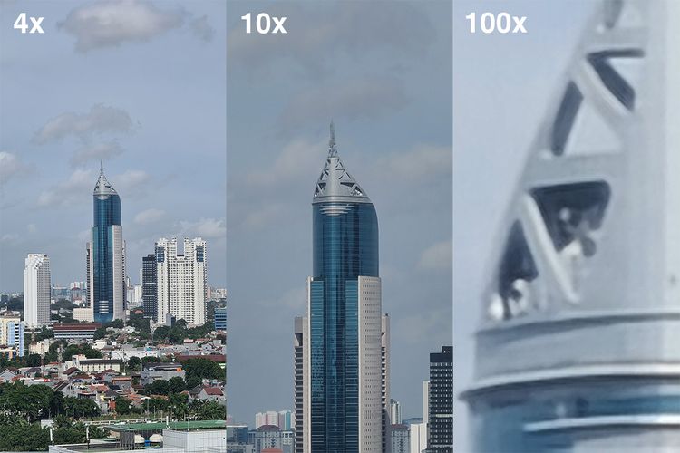 Perbandingan hasil jepretan kamera telephoto Galaxy S20 Ultra dengan tingkat zoom 4x (optical zoom, foto kiri), 10x (Hybid Optical Zoom, foto tengah), dan 100x (Super Resolution Zoom, foto kanan). Obyek foto adalah menara Wisma BNI 46 dengan jarak sekitar 2,75 kilometer dari lokasi pemotretan di Menara Kompas, Palmerah, Jakarta Barat
