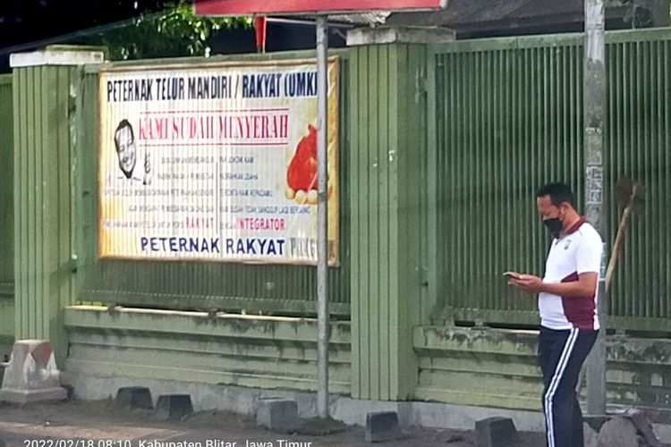 Spanduk berisi keluhan peternak ayam petelur rakyat terpasang di puluhan titik di wilayah Suruhwadang, Kecamatan Kademangan, Kabupaten Blitar, Jumat (18/2/2022)