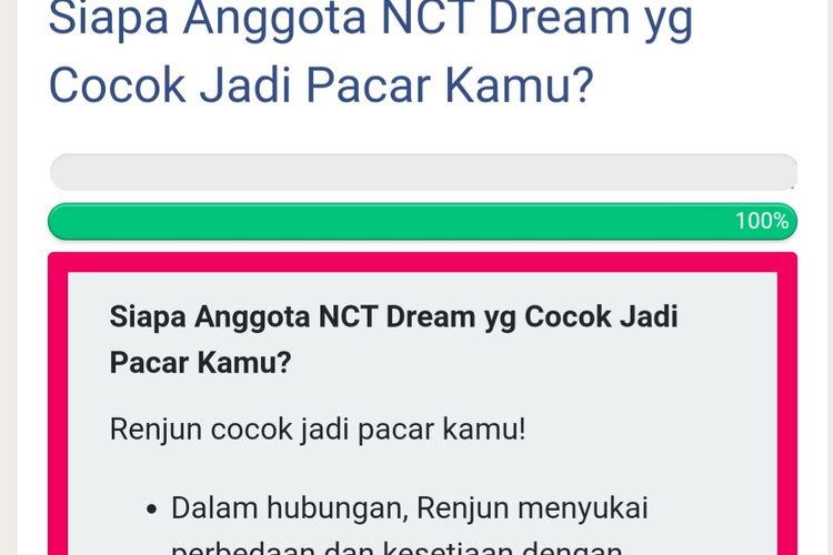 Contoh hasil jawaban kuis siapa member NCT yang cocok jadi pacarmu.