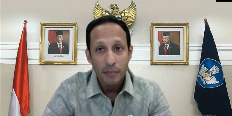 Menteri Pendidikan, Kebudayaan, Riset, dan Teknologi (Mendikbudristek) Nadiem Anwar Makarim saat peluncuran Rapor Pendidikan Daerah Versi 2.0 secara virtual, Rabu (5/7/2023).