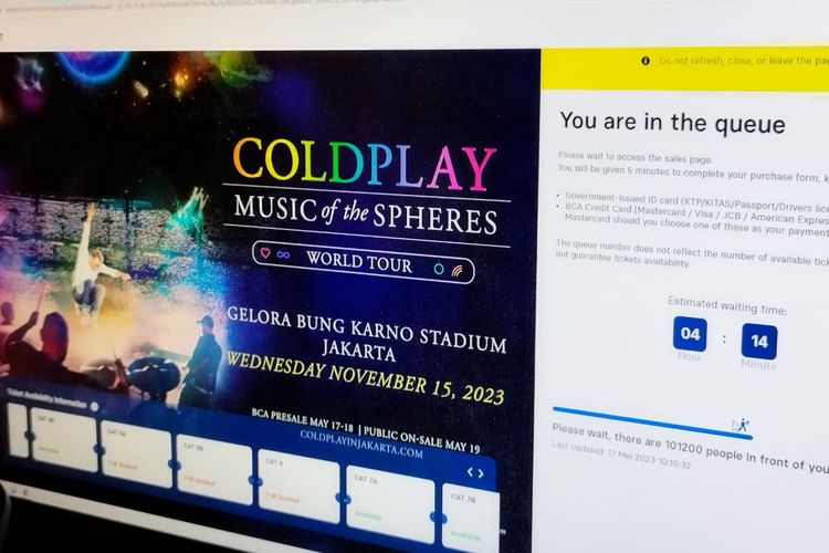 Tangkapan layar ruang tunggu antrean war tiket konser Coldplay Music of the Spheres, Rabu (16/5/2023).
