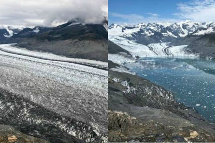 Kemunduran gletser Columbia, Alaska, Amerika Serikat, sebanyak 6,5 kilometer dari tahun 2009 ke 2015.