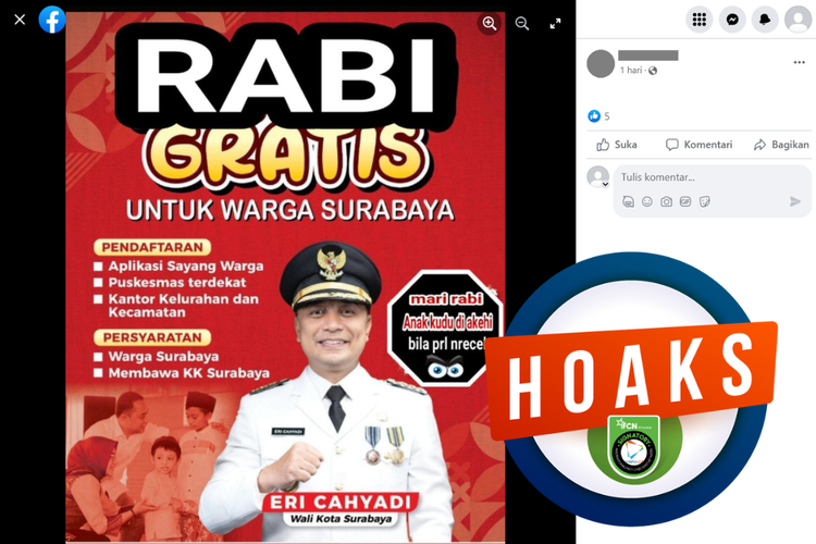 Tangkapan layar unggahan dengan narasi hoaks di sebuah akun Facebook, Jumat (26/5/2023), soal poster nikah gratis untuk warga Surabaya.