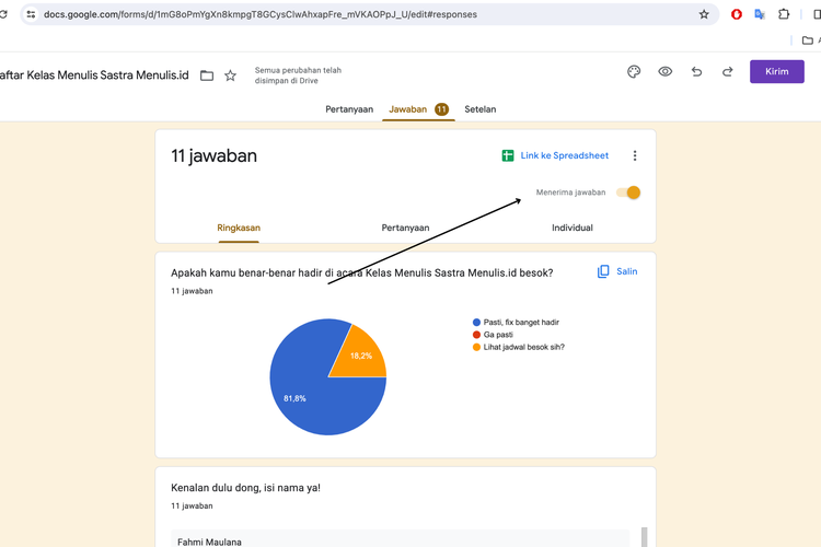 Ilustrasi cara memberhentikan responden di Google Forms