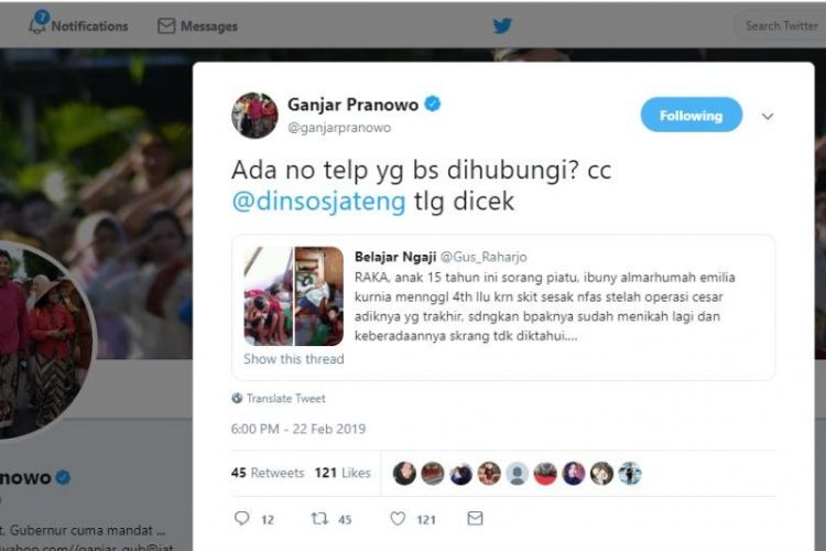 Akun twitter Gubernur Jateng @ganjarpranowo merespon postingan akun @Gus_Raharjo pada 23 Februari 2019 lalu tentang nasib Raka yang putus sekolah.
