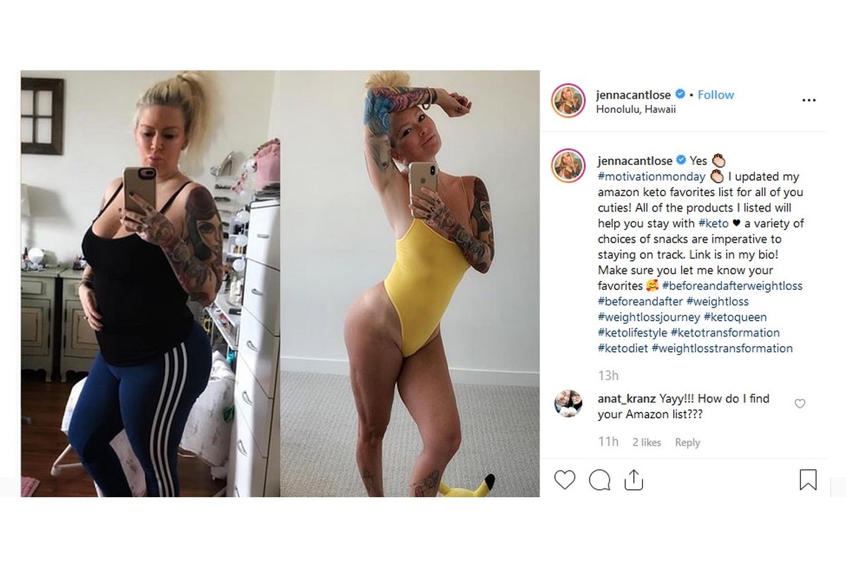 Mantan bintang film porno Jenna Jameson mengunggah foto transformasi tubuhnya yang telah susut sekitar 36 kilogram.