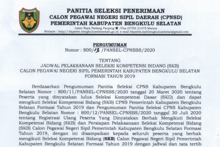 Jadwal SKB CPNS 2019 di Kabupaten Bengkulu Selatan.