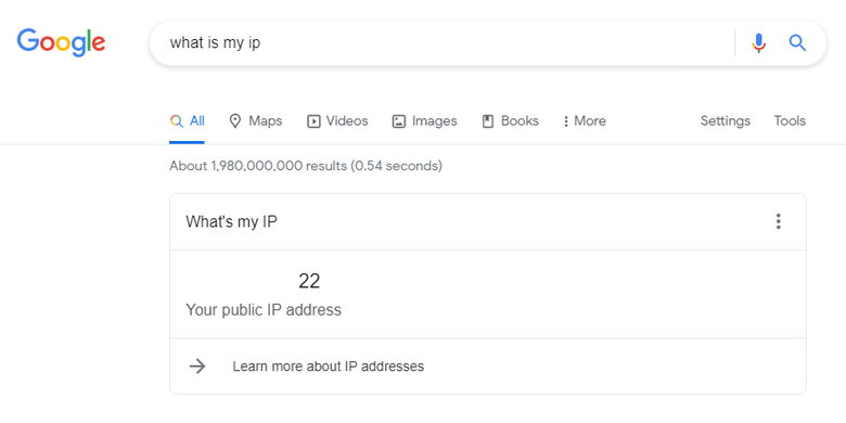 Tangkapan layar fitur tersembunyi Google Search untuk mencari IP address.