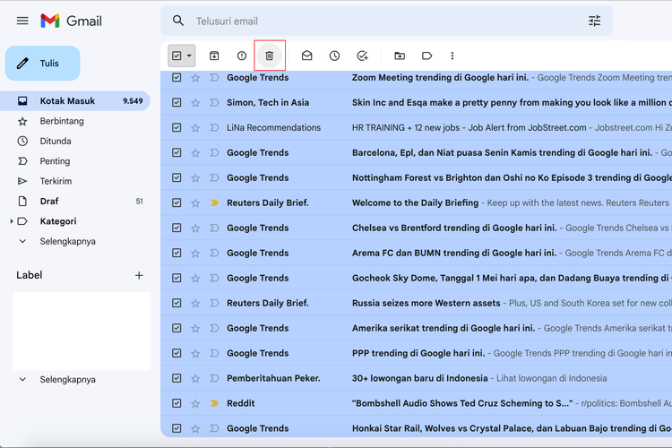 ilustrasi cara menghapus e-mail Gmail sekaligus.
