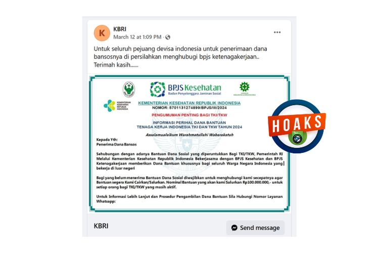 Hoaks, bantuan dana Rp 100 juta dari Kemenkes untuk TKI