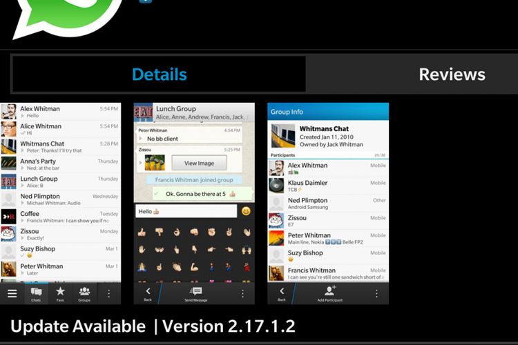 Aplikasi WhatsApp versi terbaru di BlackBerry store menunjukkan keterangan perpanjangan masa dukungan. 