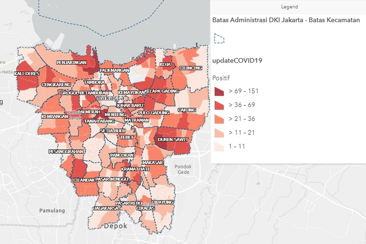 Peta sebaran kasus positif Covid-19 di Jakarta per 8 Juni 2020.