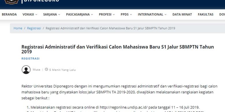 Cara Dan Jadwal Lengkap Registrasi Mahasiswa Baru Undip Jalur Sbmptn 2019