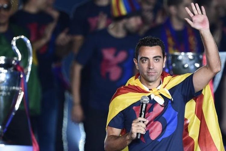 Xavi Hernandez kala merayakan keberhasilan Barcelona meraih gelar Liga Champions di Stadion Camp Nou, pada 7 Juni 2015.