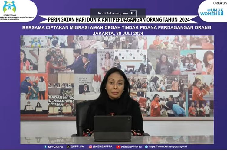 Tangkapan layar dari video yang menampilkan Menteri Pemberdayaan Perempuan dan Perlindungan Anak (PPPA) Bintang Puspayoga saat berpidato dalam Peringatan Hari Dunia Anti Perdagangan Orang 2024, Selasa (30/7/2024).