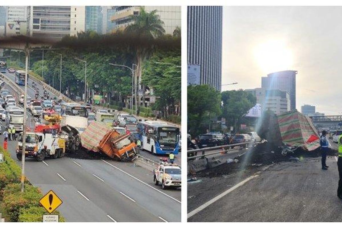 Kecelakaan dua truk di Tol Dalam Kota arah Cawang, Jakarta Selatan pada Rabu (18/1/2023). 
