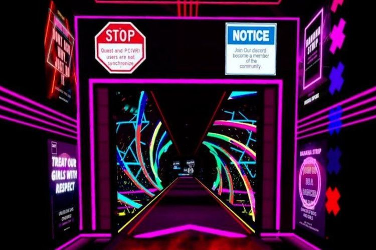 Ilustrasi ruangan klub striptis di aplikasi metaverse VRChat.