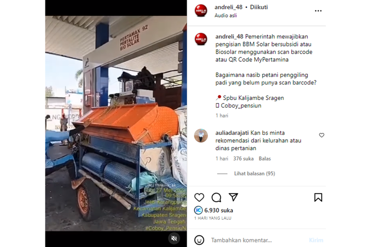 Tangkapan layar unggahan video memperlihatkan cekcok antara petugas SPBU dan petani penggiling padi yang hendak mengisi solar bersubsidi di Sragen, Jawa Tengah.