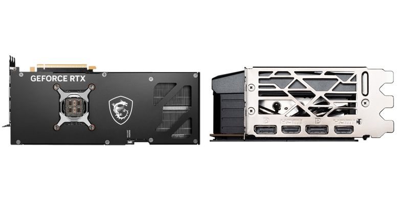 Bagian backplate (kiri) Kartu grafis MSI GeForce RTX 4090 Gaming Slim memiliki cutout ventilasi berukuran lebih besar. Sementara ketebalannya masih sebesar 3-slot PCIe.