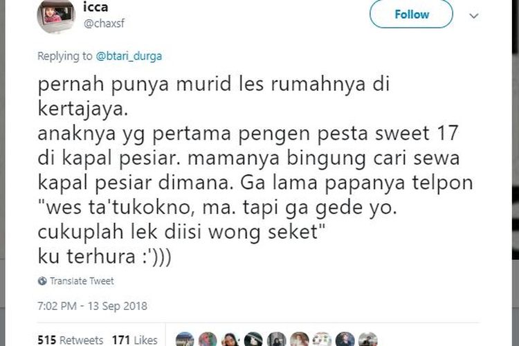 Salah satu twit tentang Crazy Rich Surabaya di Twitter, Jumat (14/9/2018).