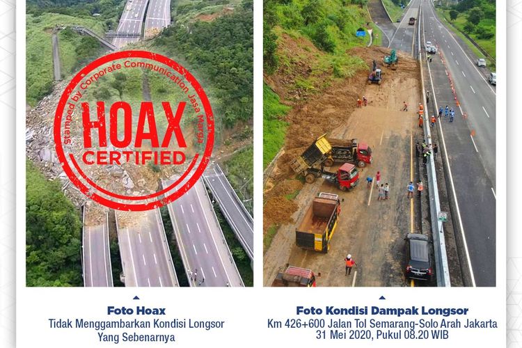 Beredarnya foto  Hoaks terkait dampak longsor di Jalan Tol Semarang-Solo Km 426+600 arah Jakarta yang tersebar melalui grup Whatsapp dan media sosial lainnya.