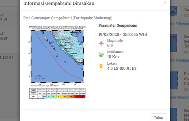Tangkapan layar informasi gempa bumi berkekuatan 6,9 magnitudo yang mengguncang Bengkulu pada Rabu (19/8/2020).